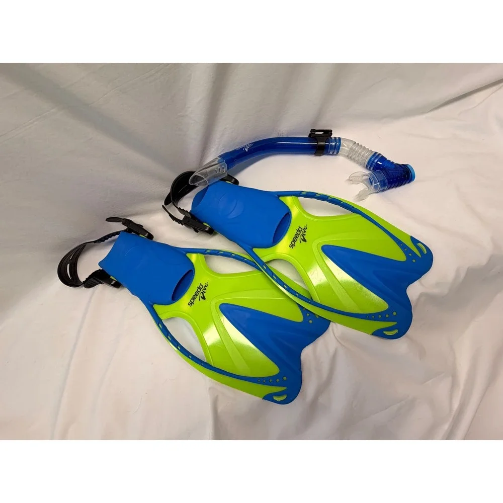 SpeedoDive Junior Kids Snorkel Set Blue Lime Green Fins L/XL US 1-4 Snorkel Tube